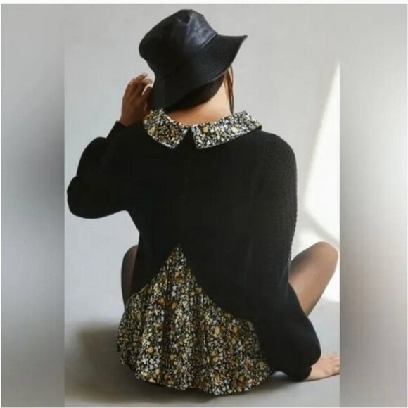 Anthropologie Maeve Layered Twofer Peplum Peter Pan Collar Black Sweater - Picture 3 of 9